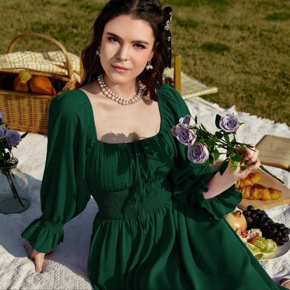 Dark Green Peasant Dress